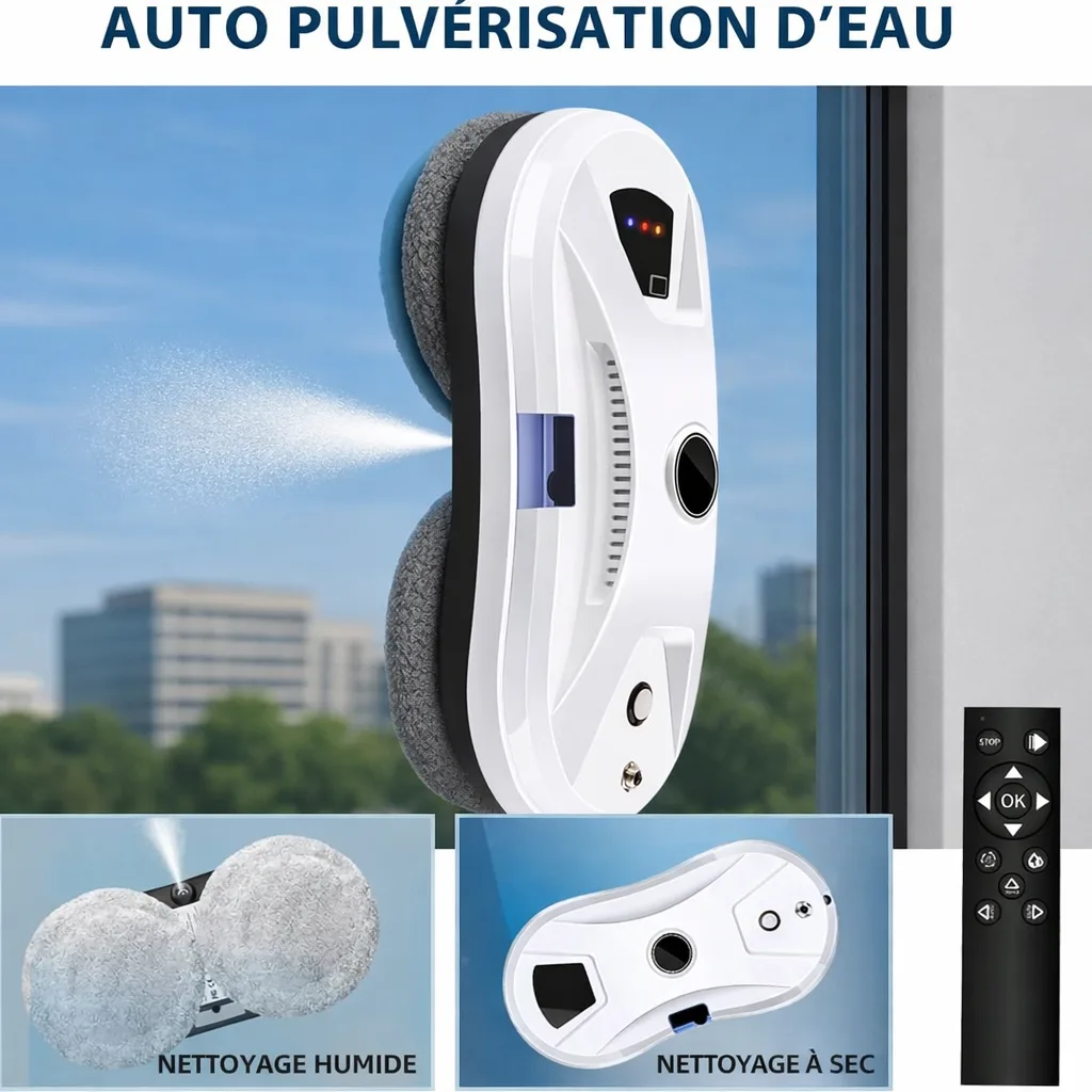Robot pulvérisant de l'eau de façon ciblée sur la vitre