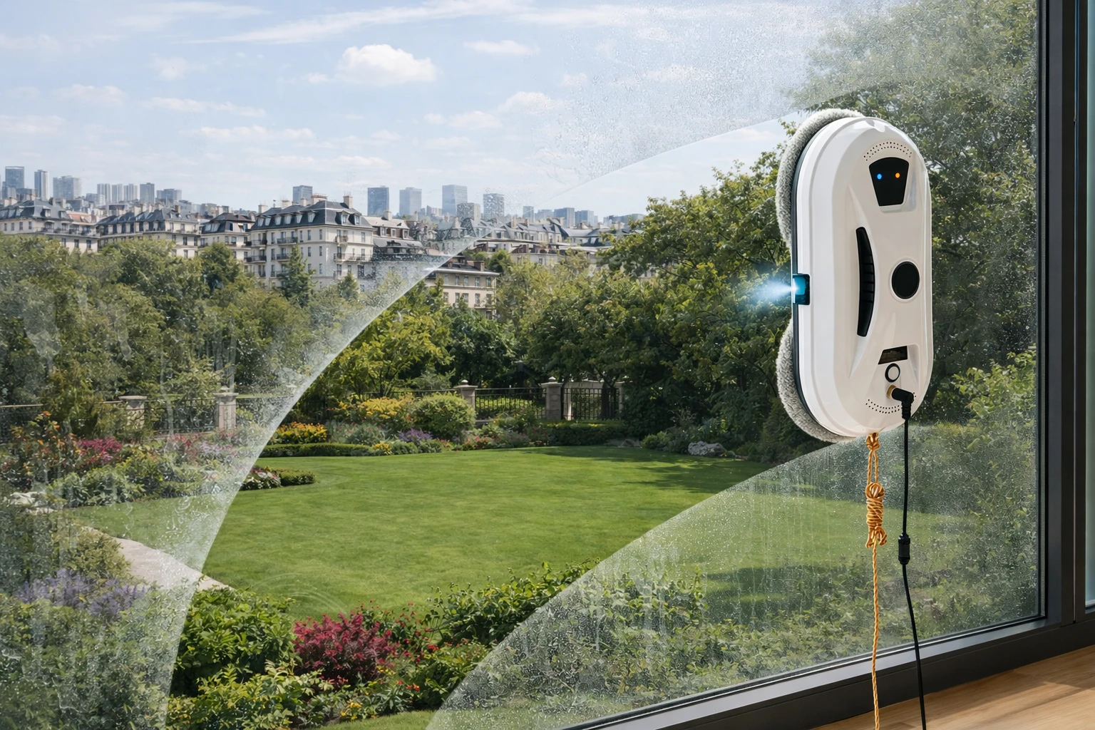 Robot lave-vitres automatique en action sur une grande baie vitrée donnant sur un jardin