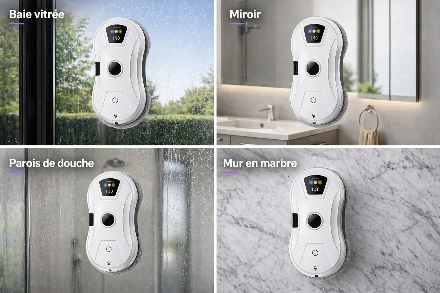 Le robot lave-vitre s'utilise sur baie vitrée, miroir, parois de douche et mur en marbre