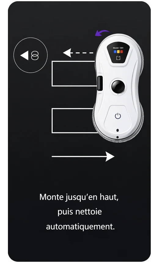 Mode 1 : le robot monte jusqu'en haut puis nettoie automatiquement toute la vitre